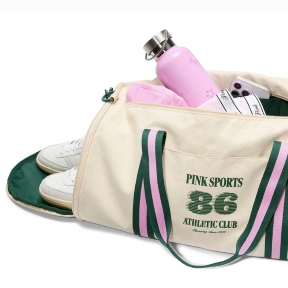 PINK Victoria's Secret Cream and Green duffle  Bag NEW - Picture 4 of 5